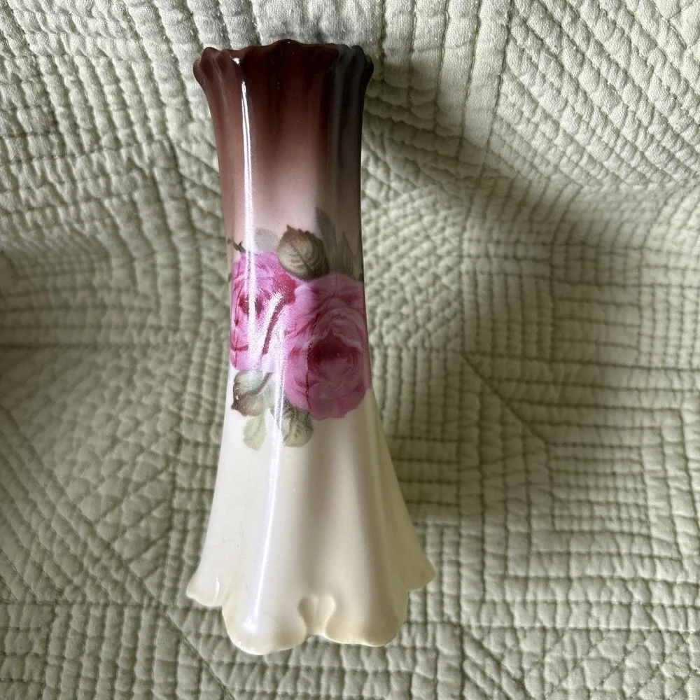 Antique N.S. &Co Bavaria Hat Pin Holder Pink Roses German Porcelain Victorian 5
